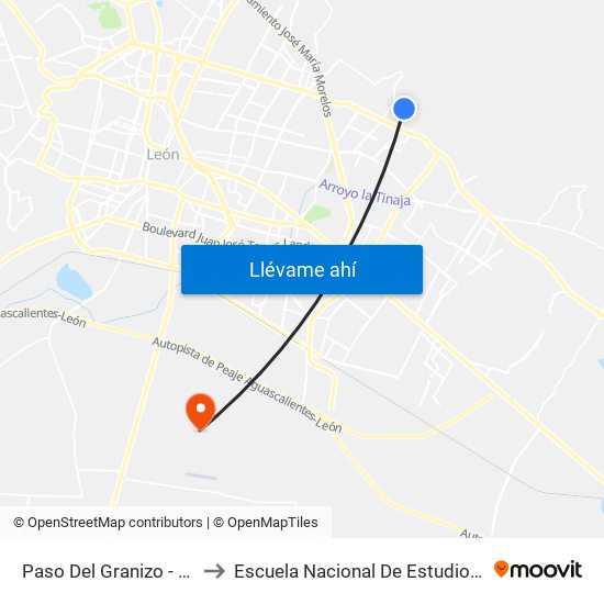 Paso Del Granizo - La Esperanza to Escuela Nacional De Estudios Superiores León map