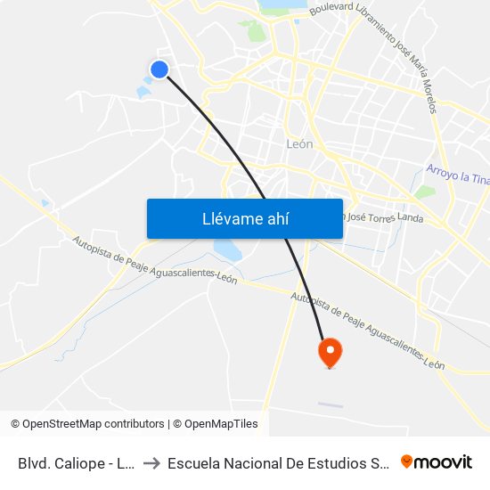 Blvd. Caliope - La Ermita to Escuela Nacional De Estudios Superiores León map