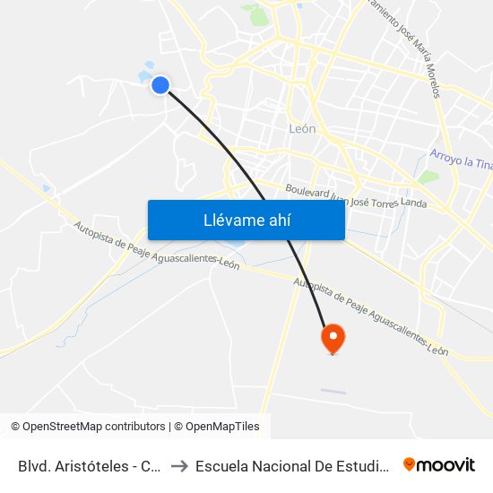 Blvd. Aristóteles - Cerrito Amarillo to Escuela Nacional De Estudios Superiores León map