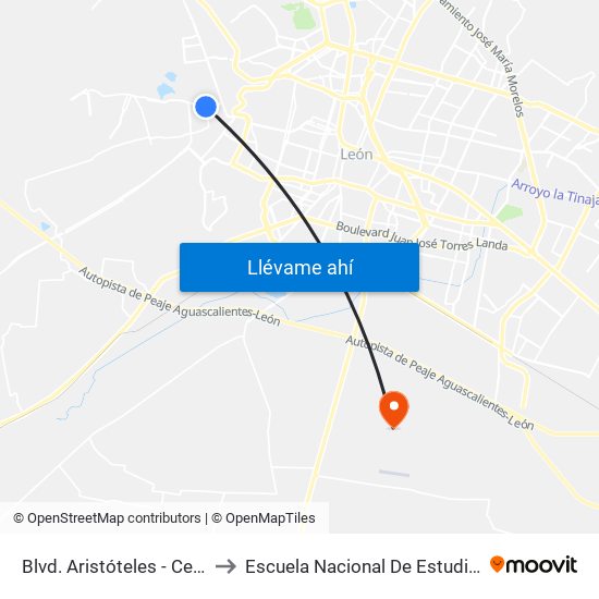 Blvd. Aristóteles - Cerrito De La Joya to Escuela Nacional De Estudios Superiores León map