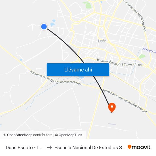 Duns Escoto - La Soledad to Escuela Nacional De Estudios Superiores León map