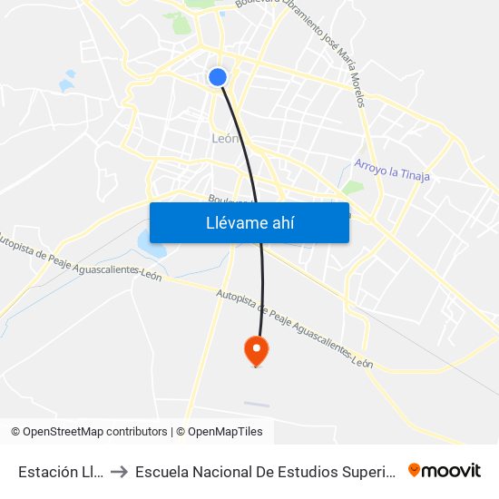 Estación Lluvia to Escuela Nacional De Estudios Superiores León map