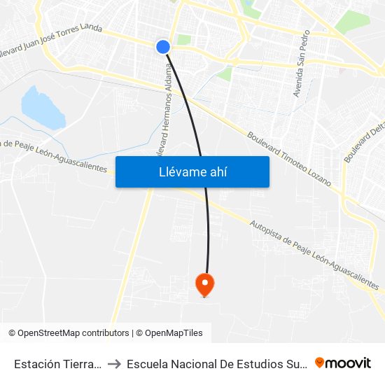 Estación Tierra Blanca to Escuela Nacional De Estudios Superiores León map