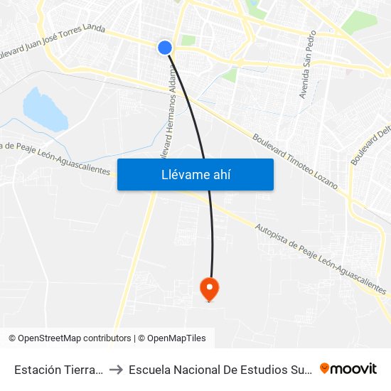 Estación Tierra Blanca to Escuela Nacional De Estudios Superiores León map