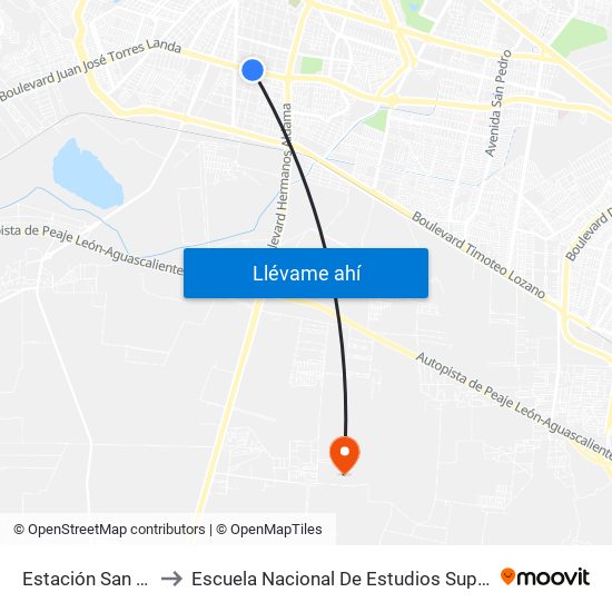 Estación San Miguel to Escuela Nacional De Estudios Superiores León map