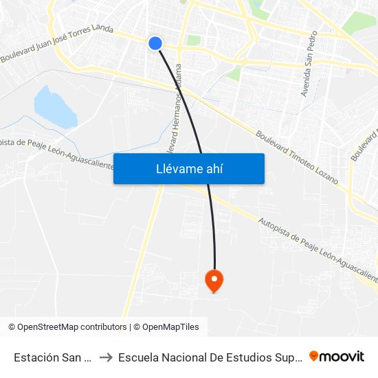 Estación San Miguel to Escuela Nacional De Estudios Superiores León map