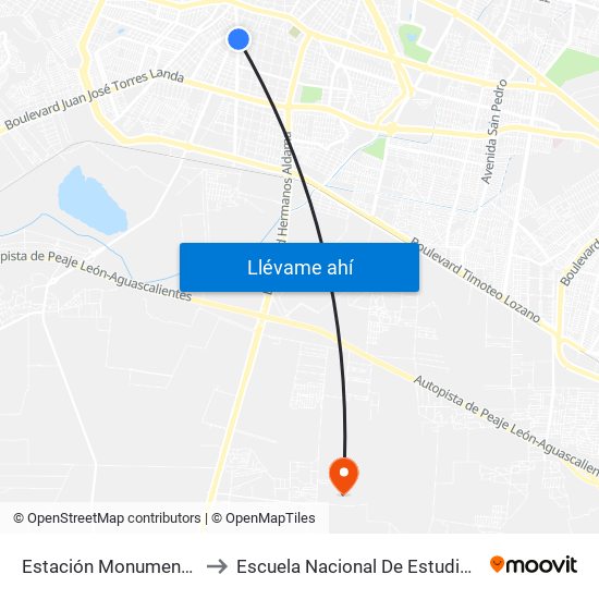Estación Monumento A La Madre to Escuela Nacional De Estudios Superiores León map
