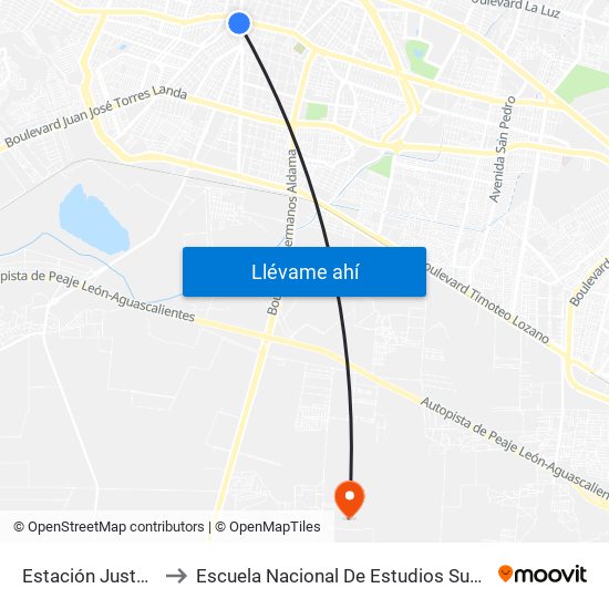 Estación Justo Sierra to Escuela Nacional De Estudios Superiores León map