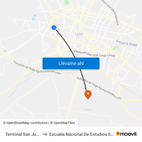 Terminal San Juan Bosco to Escuela Nacional De Estudios Superiores León map