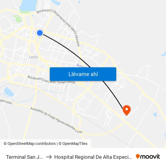 Terminal San Jeronimo to Hospital Regional De Alta Especialidad Del Bajío map