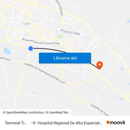 Terminal Timoteo to Hospital Regional De Alta Especialidad Del Bajío map