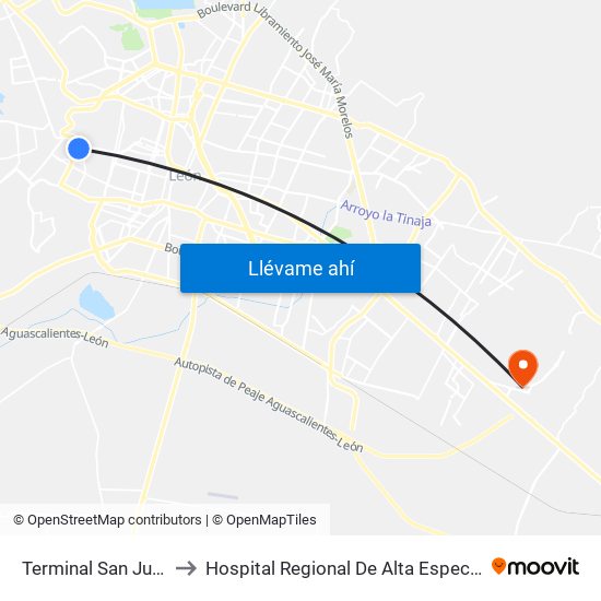 Terminal San Juan Bosco to Hospital Regional De Alta Especialidad Del Bajío map