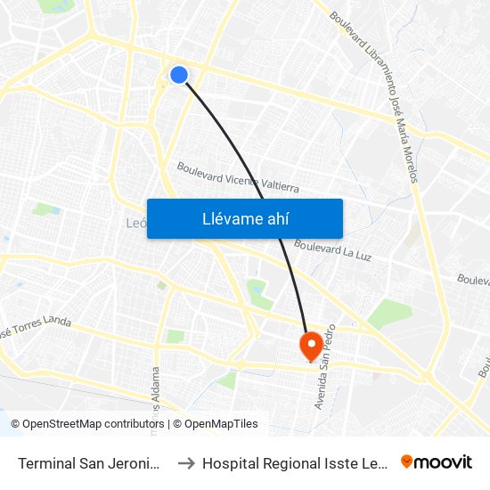 Terminal San Jeronimo to Hospital Regional Isste León map