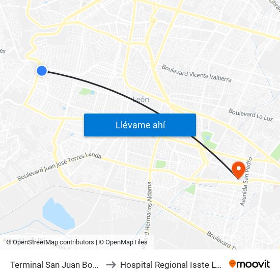 Terminal San Juan Bosco to Hospital Regional Isste León map