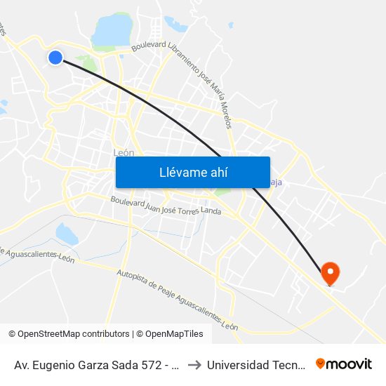 Av. Eugenio Garza Sada 572 - Cumbres Del Campestre to Universidad Tecnológica De León map