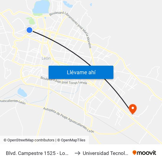 Blvd. Campestre 1525 - Lomas Del Campestre to Universidad Tecnológica De León map