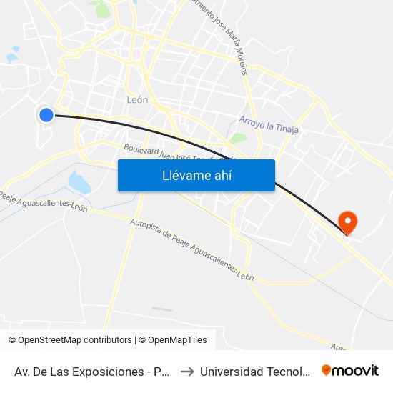Av. De Las Exposiciones - Paseos De Miravalle to Universidad Tecnológica De León map