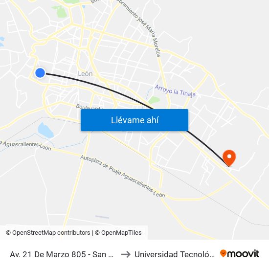 Av. 21 De Marzo 805 - San Martin De Porres to Universidad Tecnológica De León map