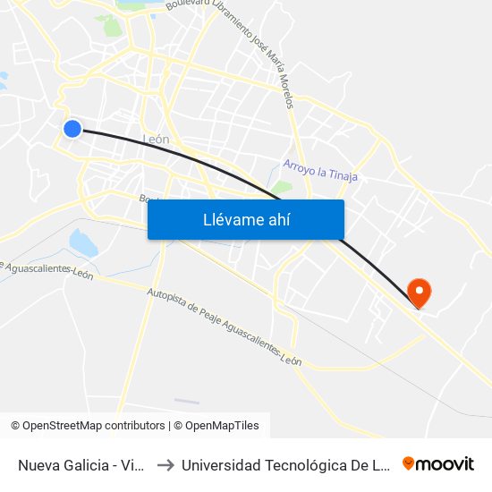 Nueva Galicia - Vibar to Universidad Tecnológica De León map