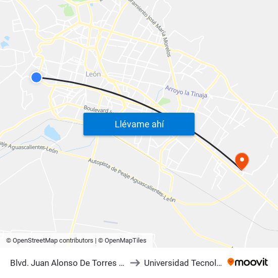 Blvd. Juan Alonso De Torres - Misión De Santa Fe to Universidad Tecnológica De León map