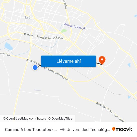 Camino A Los Tepetates - Santa Ana A.C to Universidad Tecnológica De León map