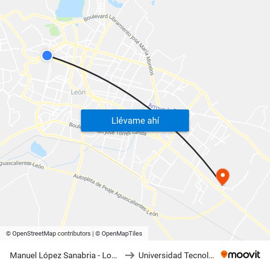 Manuel López Sanabria - Lomas Del Campestre to Universidad Tecnológica De León map