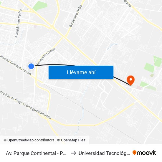 Av. Parque Continental - Parque La Noria to Universidad Tecnológica De León map