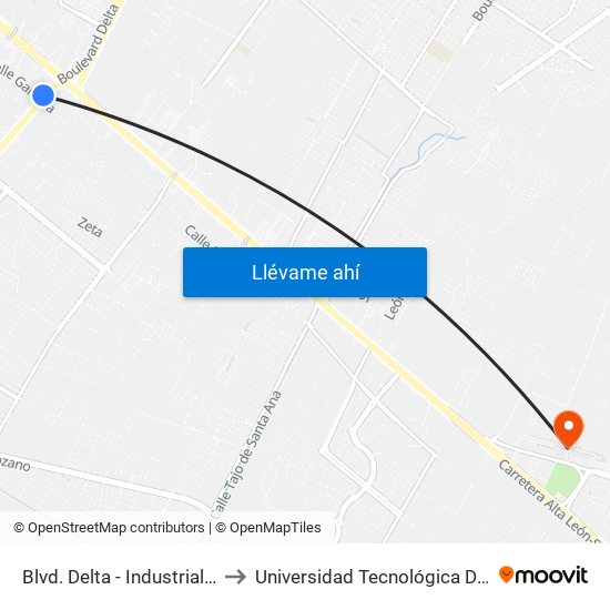 Blvd. Delta - Industrial Delta to Universidad Tecnológica De León map