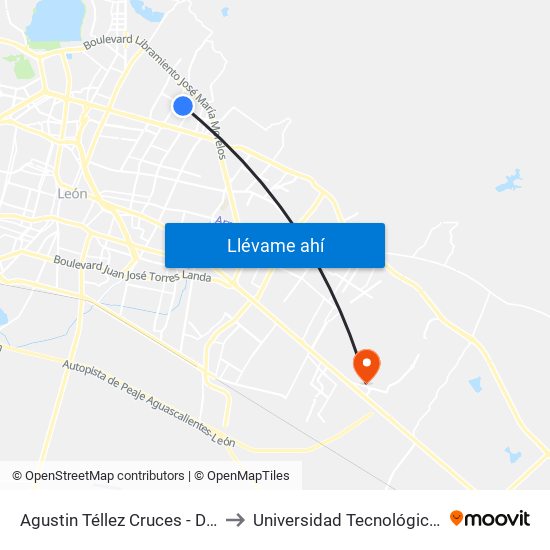 Agustin Téllez Cruces - Deportiva II to Universidad Tecnológica De León map