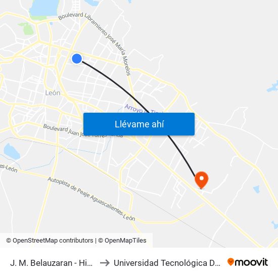J. M. Belauzaran - Hidalgo to Universidad Tecnológica De León map