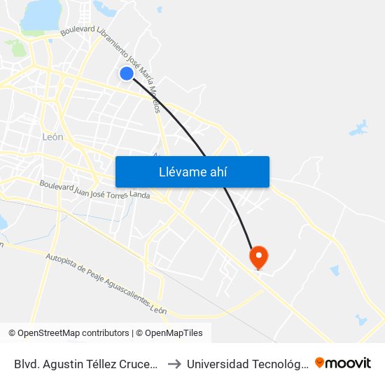 Blvd. Agustin Téllez Cruces - Deportiva II to Universidad Tecnológica De León map
