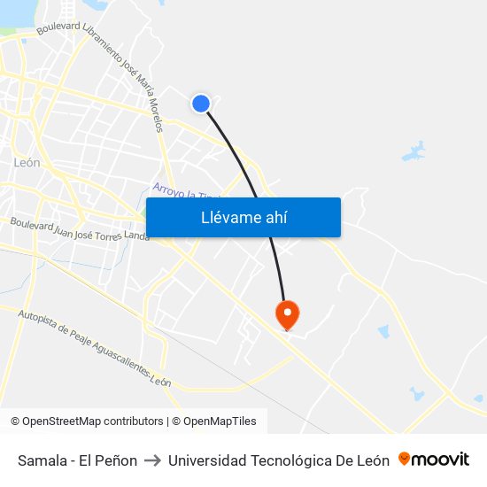 Samala - El Peñon to Universidad Tecnológica De León map