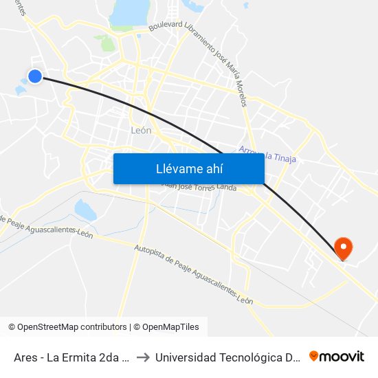 Ares - La Ermita 2da Secc. to Universidad Tecnológica De León map