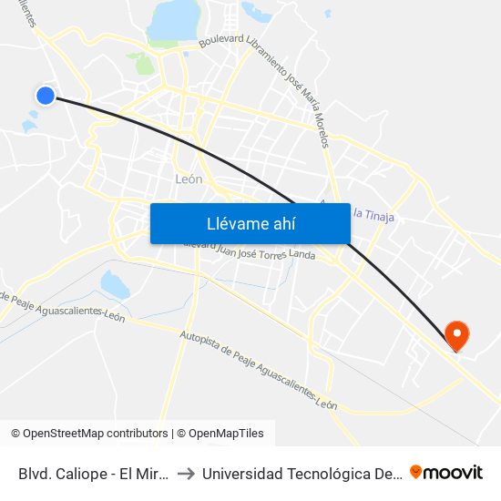 Blvd. Caliope - El Mirador to Universidad Tecnológica De León map