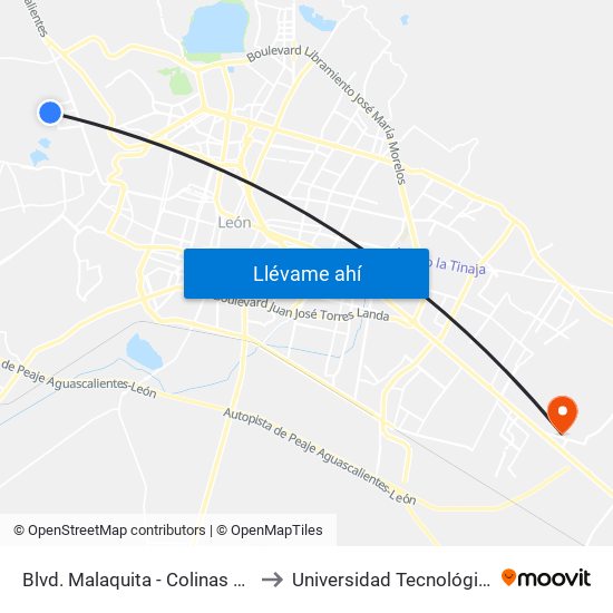 Blvd. Malaquita - Colinas De La Fragua to Universidad Tecnológica De León map