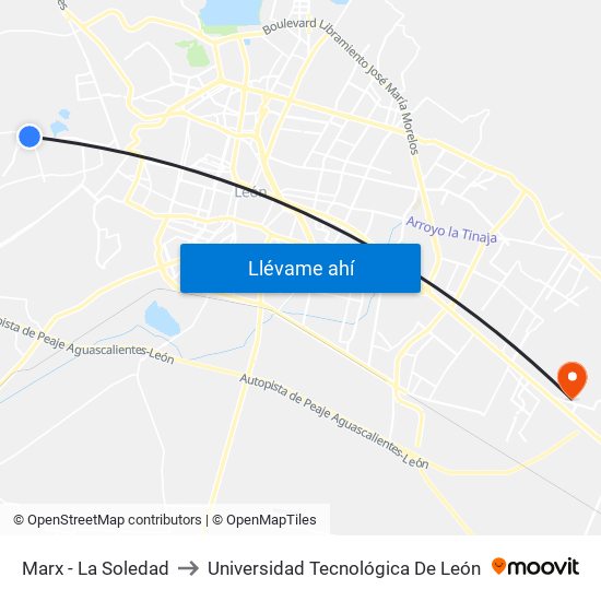 Marx - La Soledad to Universidad Tecnológica De León map