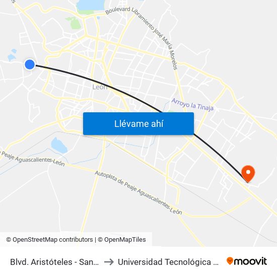 Blvd. Aristóteles - San Pedro to Universidad Tecnológica De León map