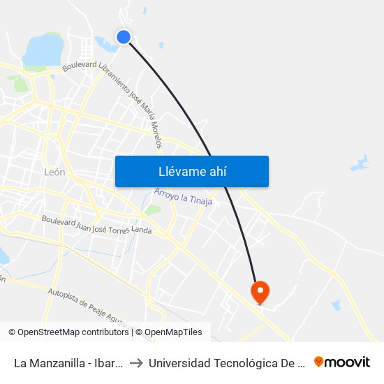 La Manzanilla - Ibarrilla to Universidad Tecnológica De León map