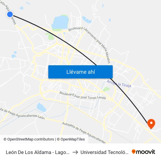 León De Los Aldama - Lagos De Moreno, 44 to Universidad Tecnológica De León map