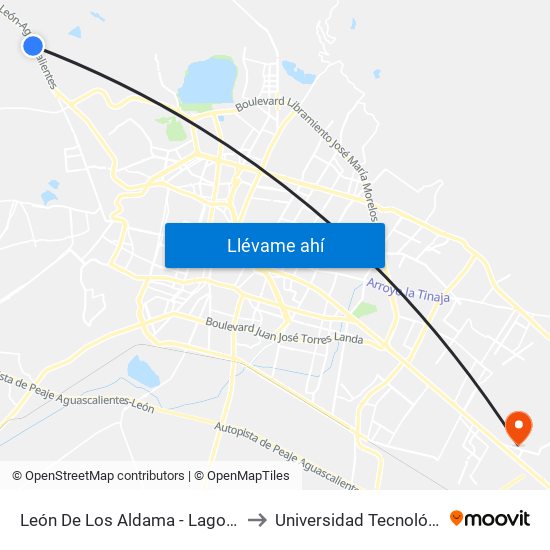 León De Los Aldama - Lagos De Moreno, 44 to Universidad Tecnológica De León map