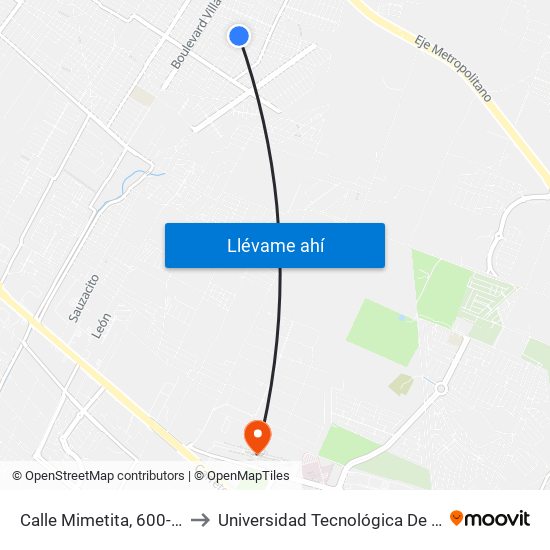 Calle Mimetita, 600-664 to Universidad Tecnológica De León map