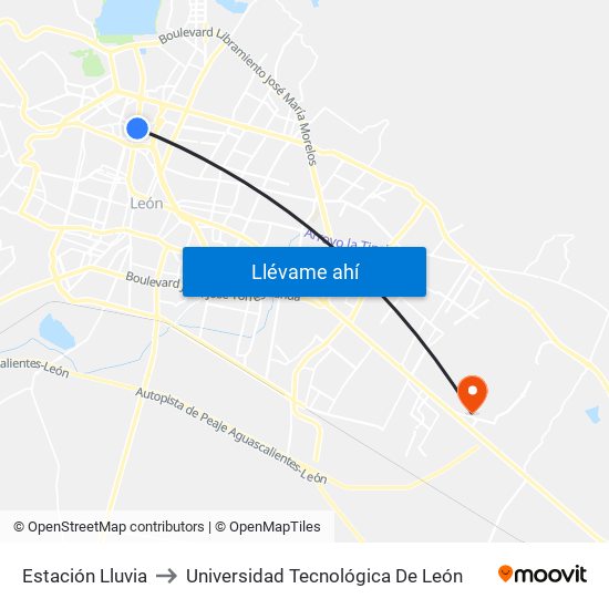 Estación Lluvia to Universidad Tecnológica De León map
