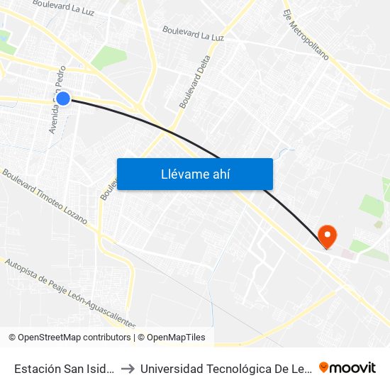 Estación San Isidro to Universidad Tecnológica De León map