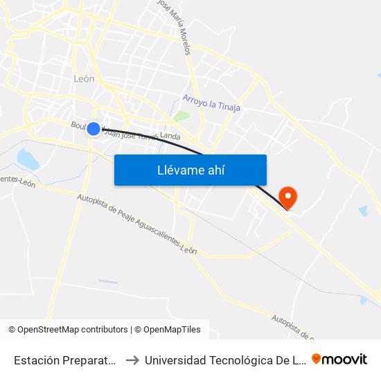 Estación Preparatoria to Universidad Tecnológica De León map