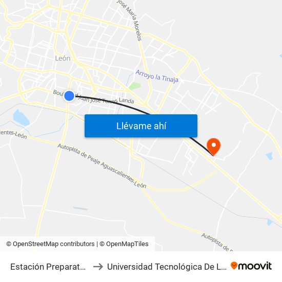 Estación Preparatoria to Universidad Tecnológica De León map