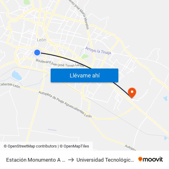 Estación Monumento A La Madre to Universidad Tecnológica De León map