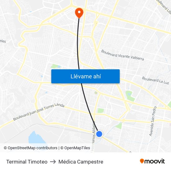 Terminal Timoteo to Médica Campestre map