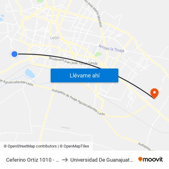 Ceferino Ortiz 1010 - Las Hilamas to Universidad De Guanajuato Campus León map