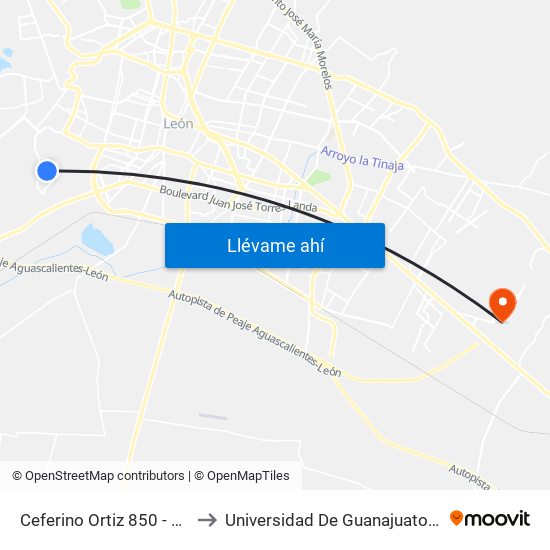 Ceferino Ortiz 850 - Las Hilamas to Universidad De Guanajuato Campus León map