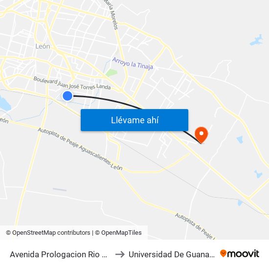 Avenida Prologacion Rio Mayo - Santo Domingo to Universidad De Guanajuato Campus León map